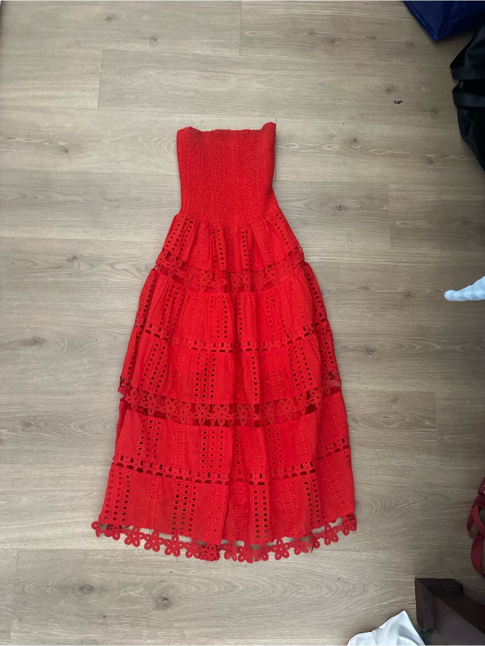 Red Strapless Eyelet Midi Dress - Picture 2 of 4